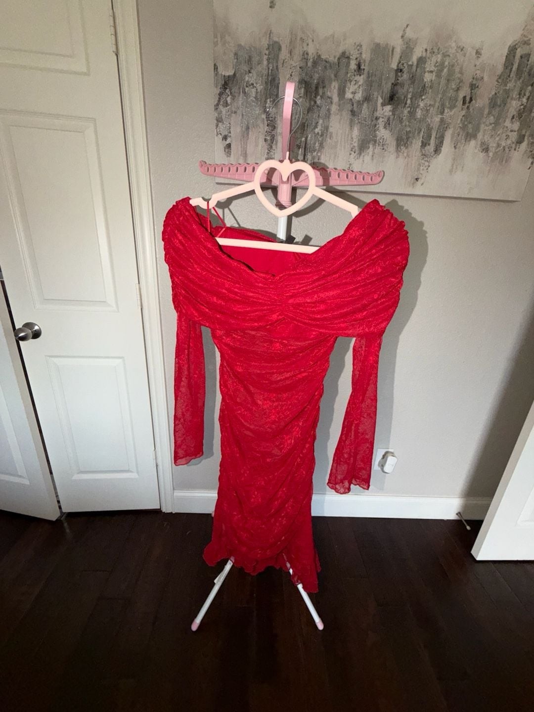 AFRM Fay Off-The-Shoulder Long Sleeve Lace Bodycon Mini Dress in Red