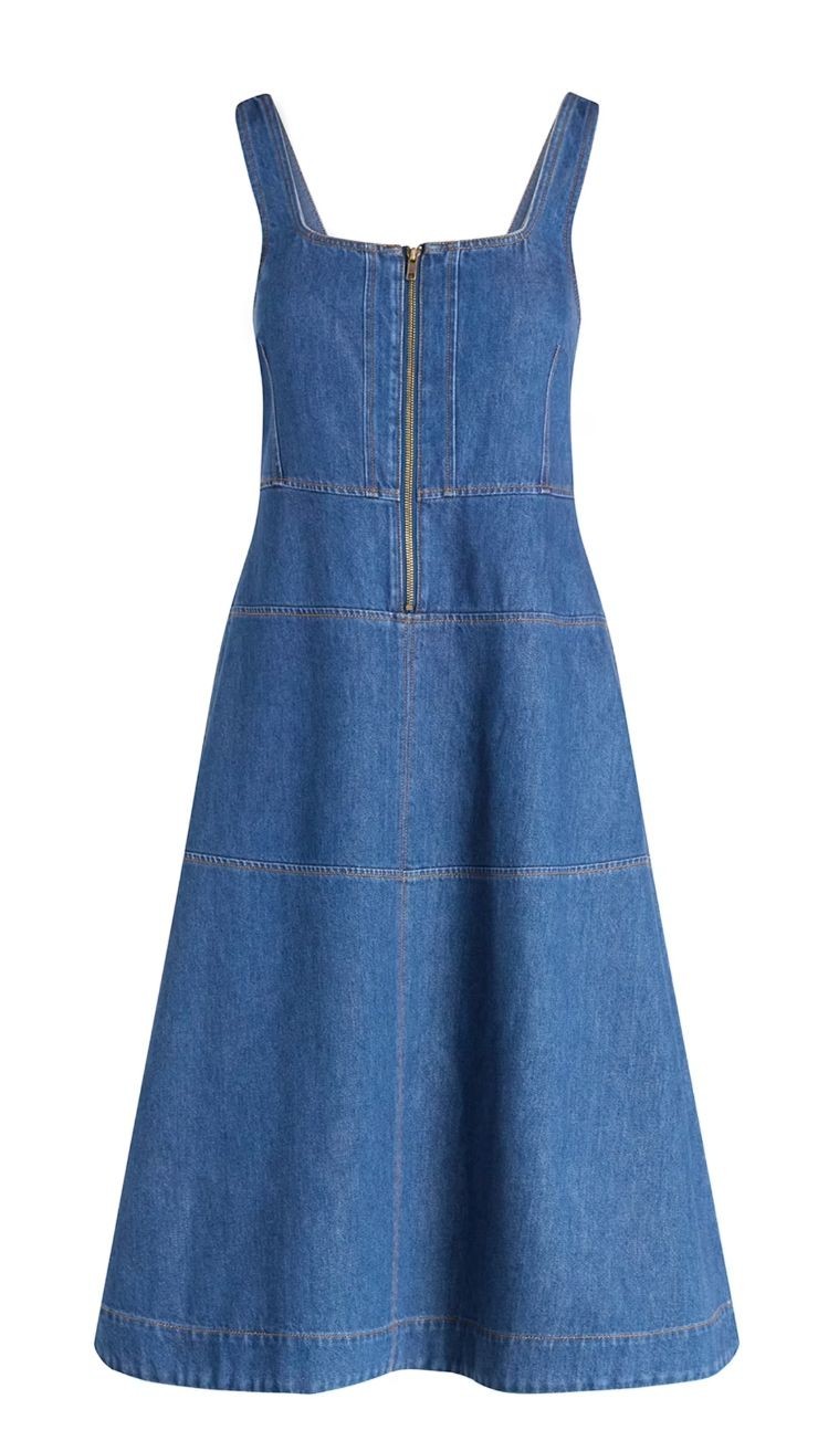New Free Assembly Women Med Sleeveless Square Neck Denim Midi Dress Front Zipper