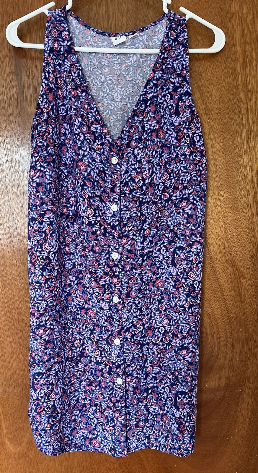 GAP Blue Pink Floral Shift Dress V-Neck Sleeveless Button Front Knee S