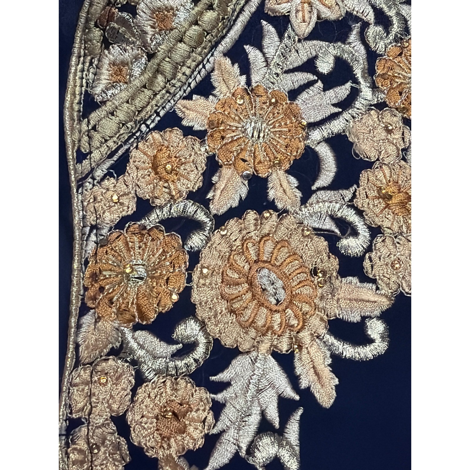 Navy Blue Gold Floral Embroidered Maxi Gown Mandarin Collar Side Zip Long Sleeve