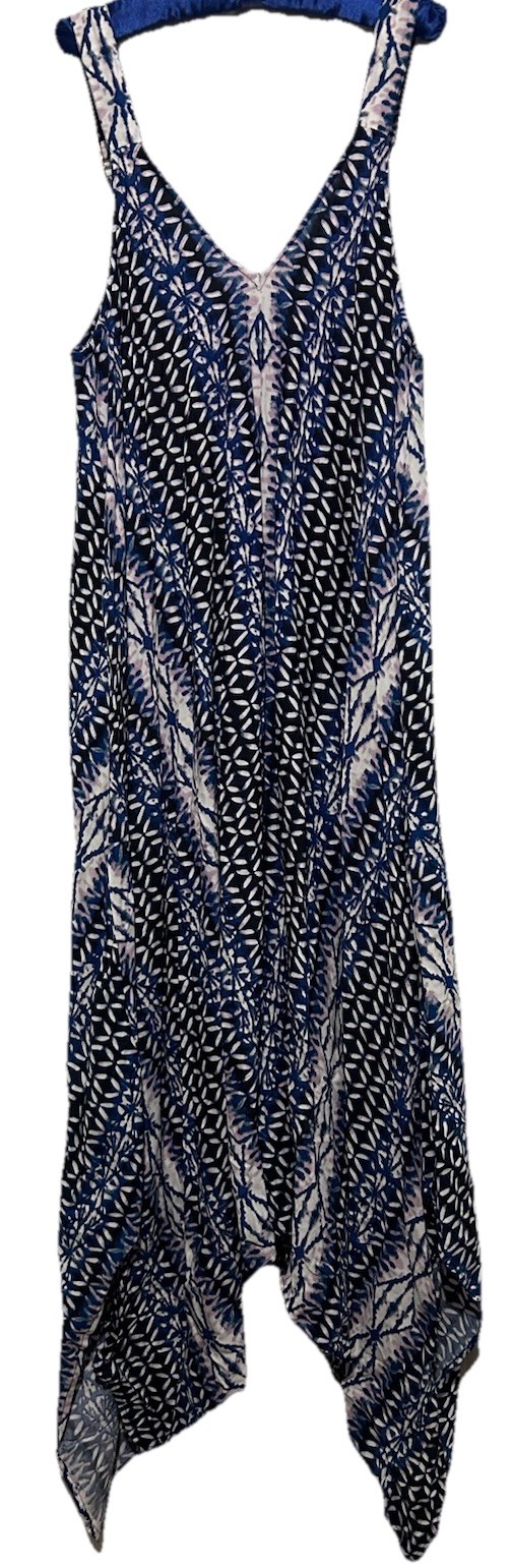 G Unit Dress L Blue Batik Rayon Boho Hippie Flowy Oversized Suspender Sundress