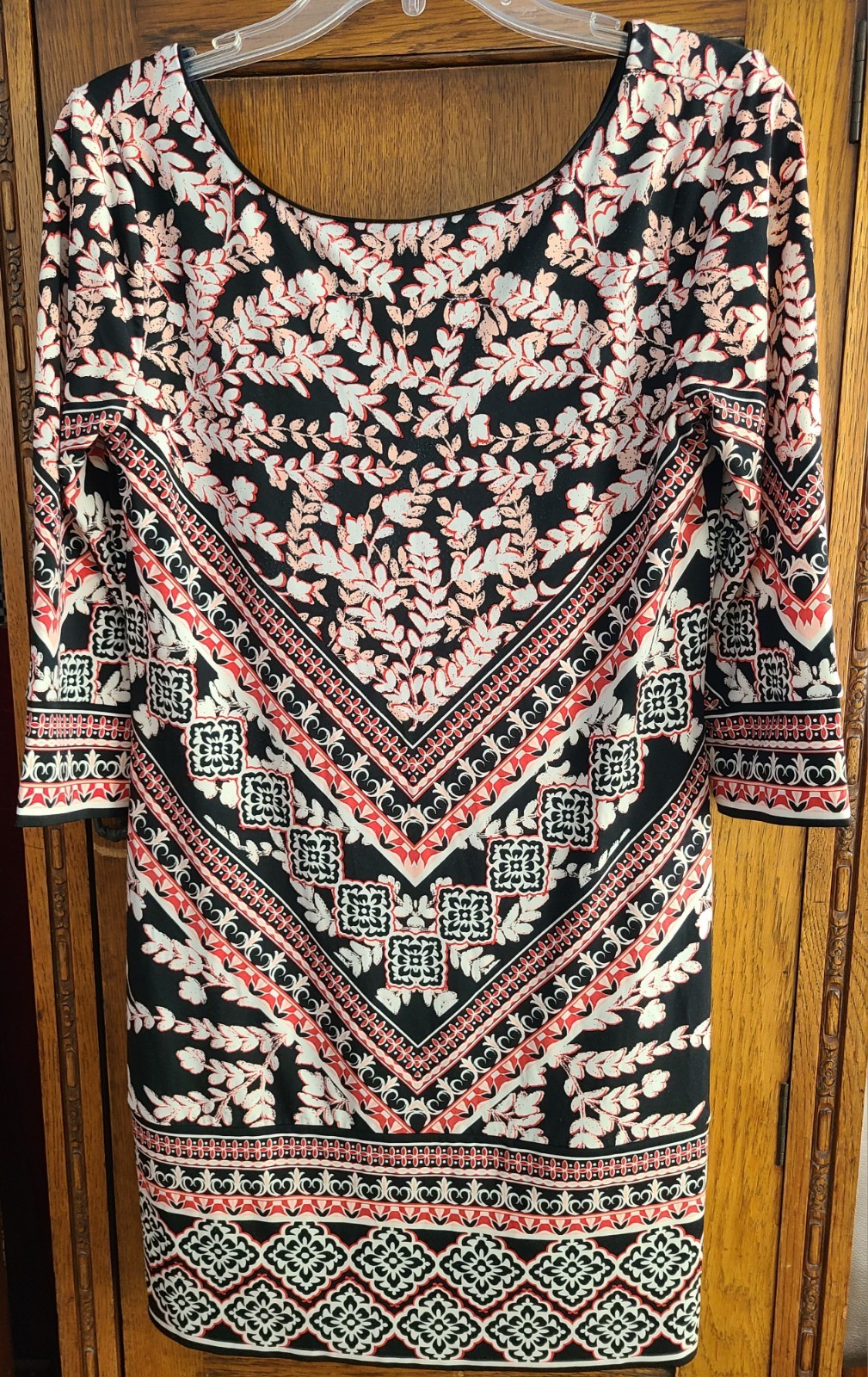 WHBM Shift Sheath Dress 3/4 Sleeve Graphic Floral Mixed Print Small Black Pink