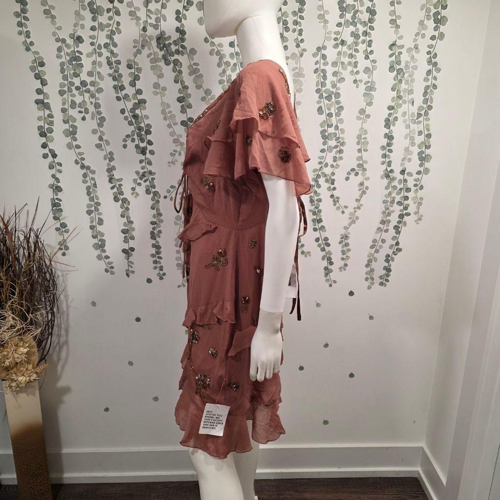 ASOS Design Beaded Ruffle Mini Dress Dusty Rose US 12 NWT