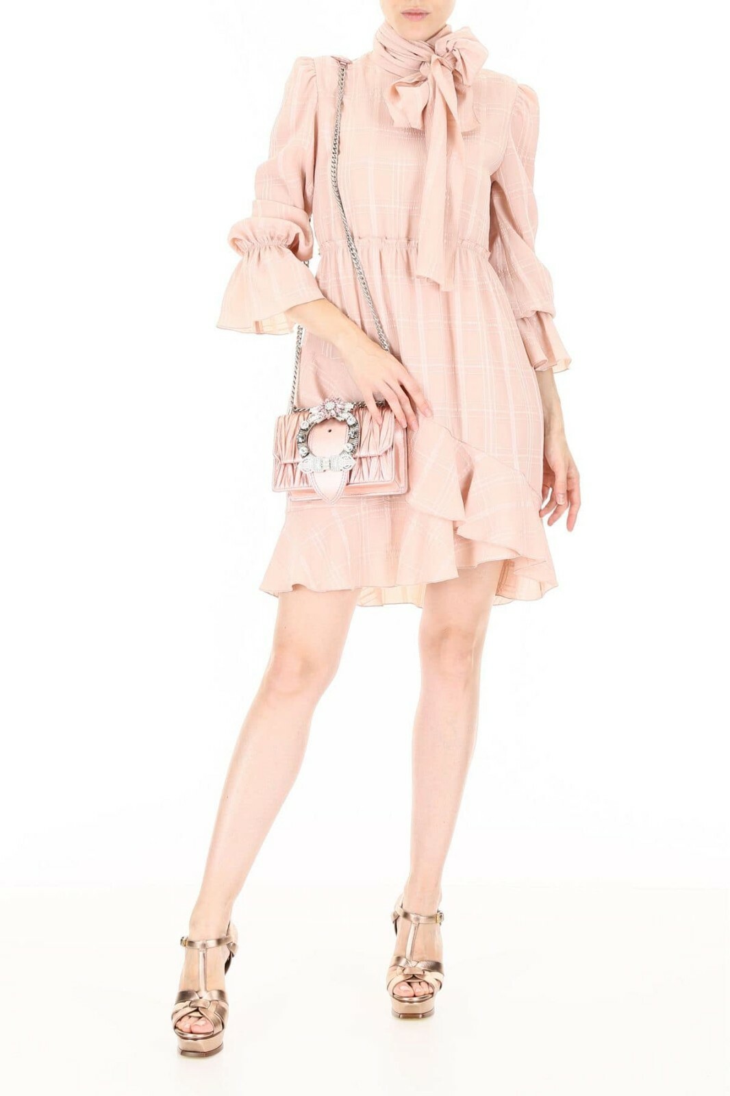 SEE by Chloe Pink Plaid Check Textured Scarf Wrap High Neck Ruffle Dress 36 4 S
