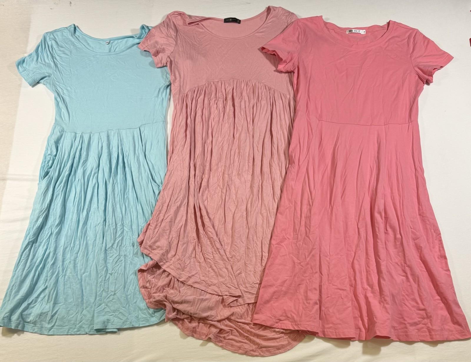3-HUHOT Women’s M Solid Knit T-Shirt Midi Dress Scoop Neck Pockets Stretch
