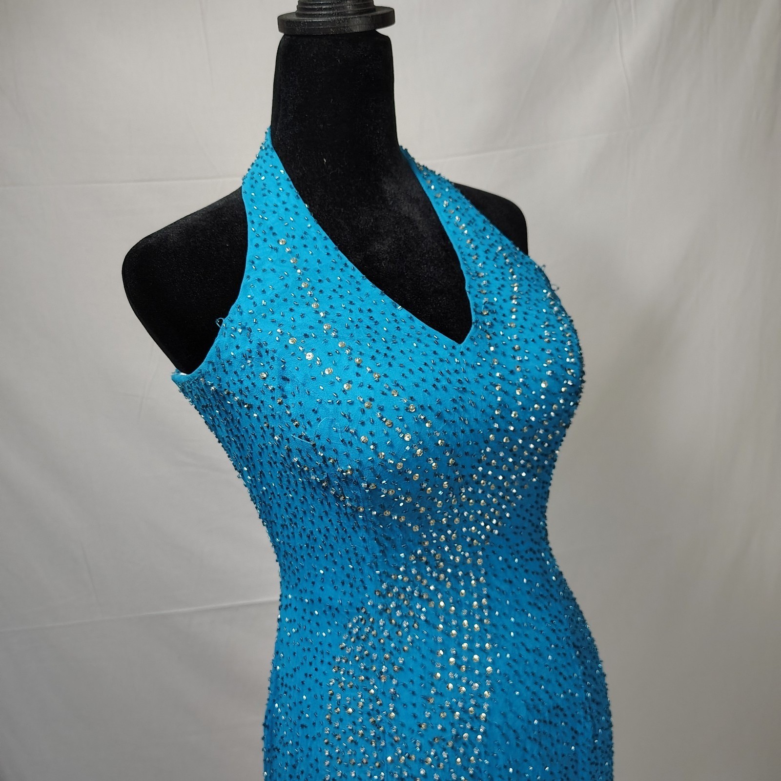 Tiffany Design Beaded Silk Prom Halter Dress Maxi Gown 4 Blue Fairy Glam