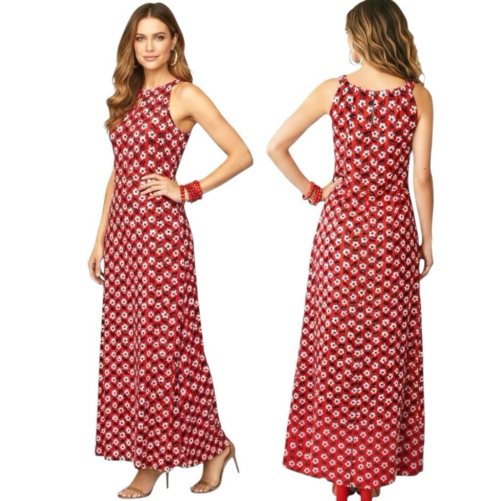 Bo & Nic Maxi Dress UPF 50+ Red Floral  Daisy Slit/Botton keyhole Sz XS $158