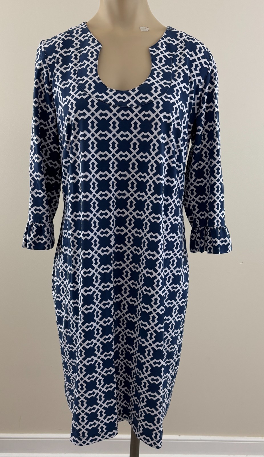 KATHERINE WAY Womes Large Navy White Print Ruffle Bell 3/4 Sleeve Stretch Dress