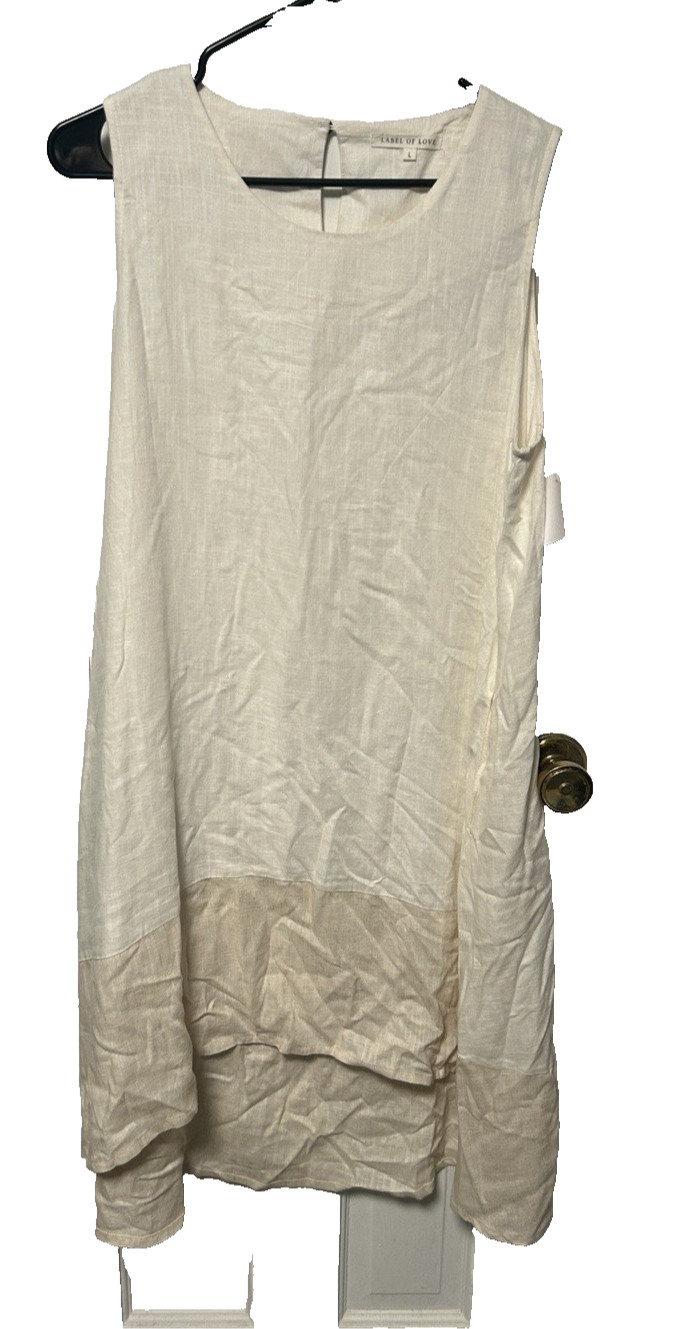 Label Of Love Size L Linen Blend Sleeveless Dress Hi/Low Hem Colorblock Beige