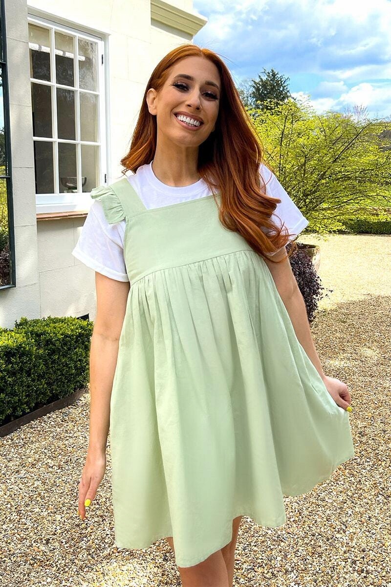 In The Style X Stacey Solomon Linen Mix Frill Shoulder Smock Dress – Sage