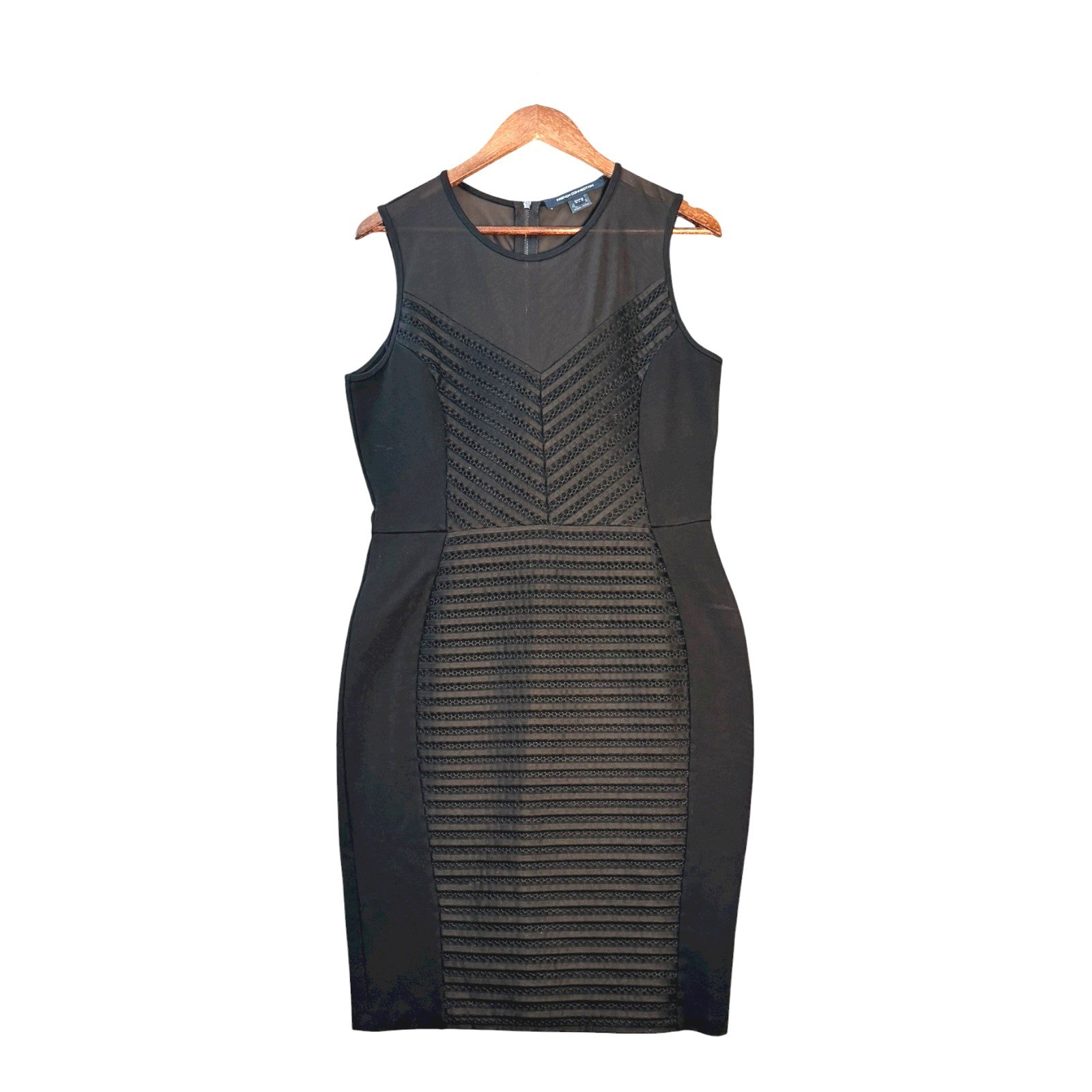 French Connection Womens Sheath Dress 10 Black Pencil Bodycon Mesh Graduation