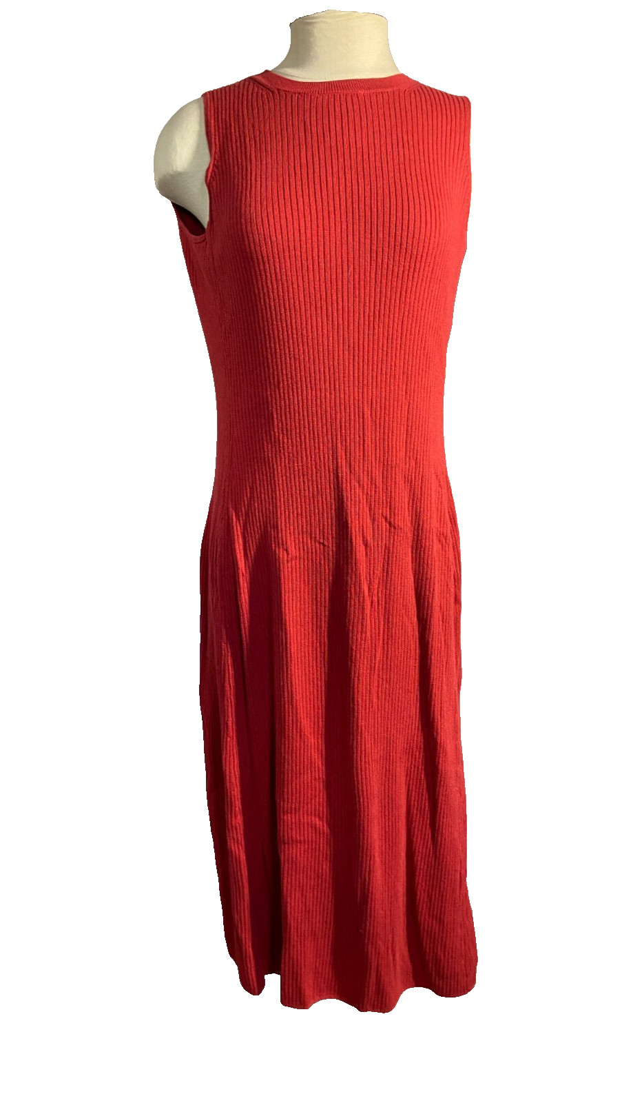 Uniqlo Dress womens Large Bodycon Ribbed Knit Red Midi Sleevless