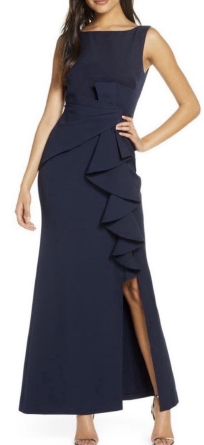 Eliza J Ruffle Front Gown Navy Blue Sleeveless Evening Dress Size 4 – Hemmed