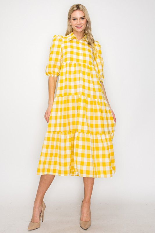 PUFF SLEEVE PLAID DRESS IN BRIGHT YELLOW