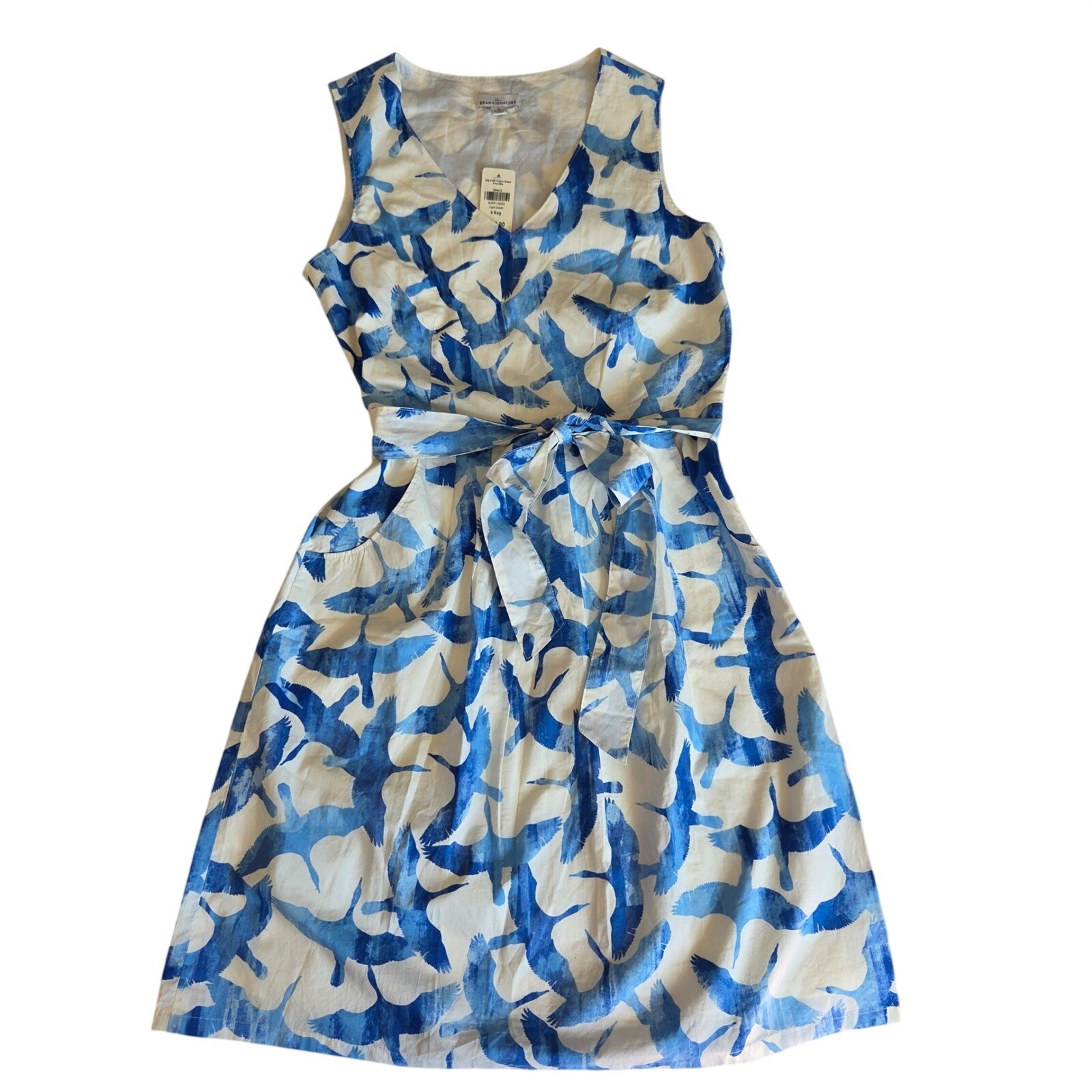 LL Bean Signature Blue White Crane Bird Print Linen Cotton Belted Dress NWT 4