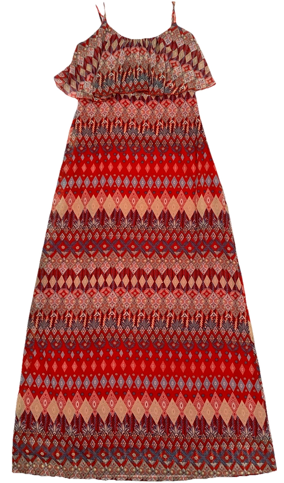 Boho/Retro Strappy Sheer Lined Maxi Dress szS Ruffle Top Side Zip Geo Print