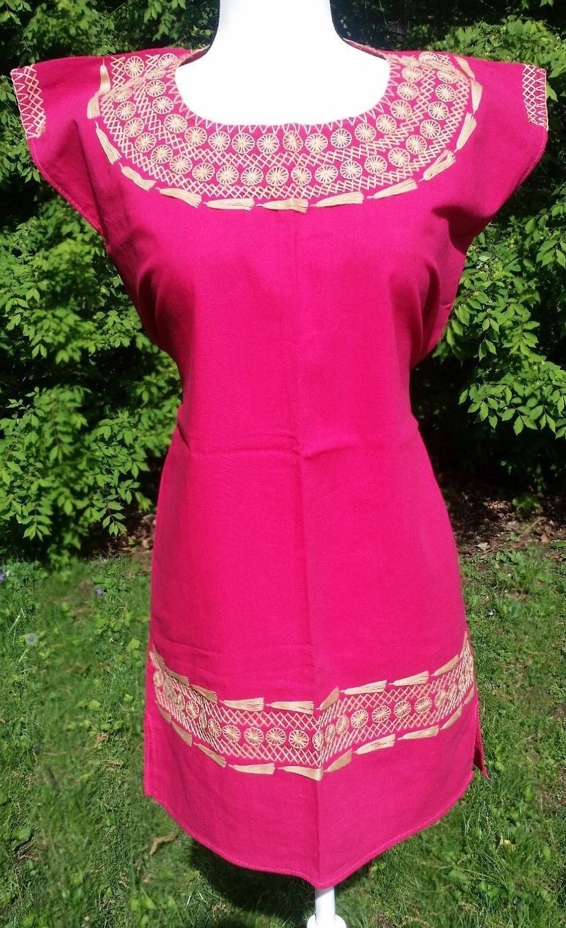Las Ruedas Vestido tie back Mexican Dress Embroidered Chiapas Pink M V159
