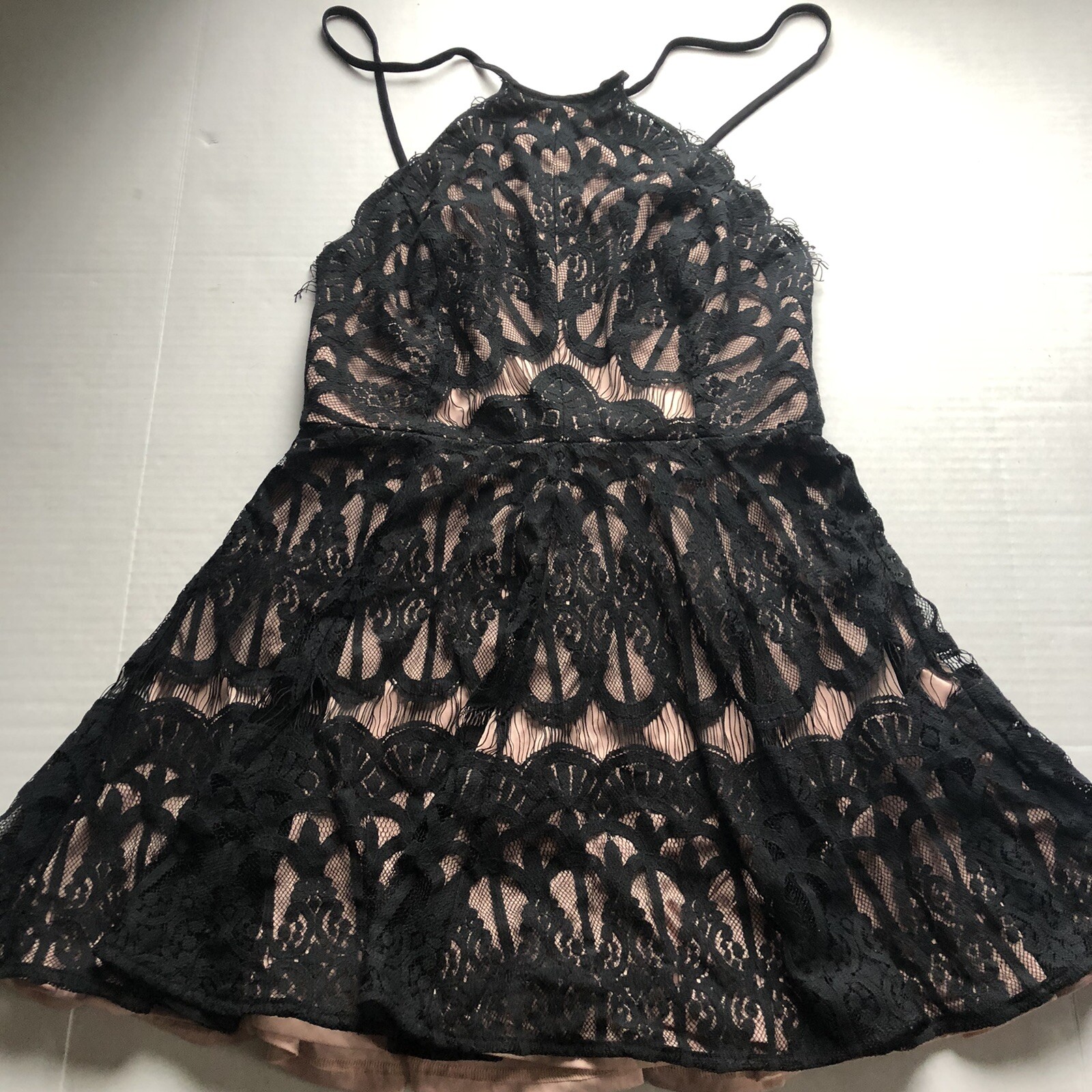 Glamorous Black Pink Lace Halter Tie Dress Sz L New A1056