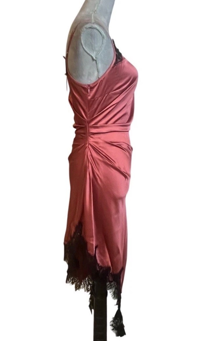 Silky Satin Asymmetrical Pink Dress M One Shoulder Midi Lace Trim Cocktail Party