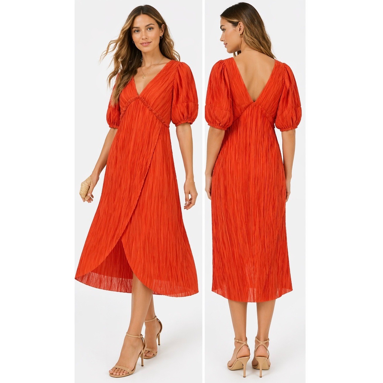Anthropologie Red Plisse V-Neck Maxi Dress Short Puff Sleeve Empire Waist Small