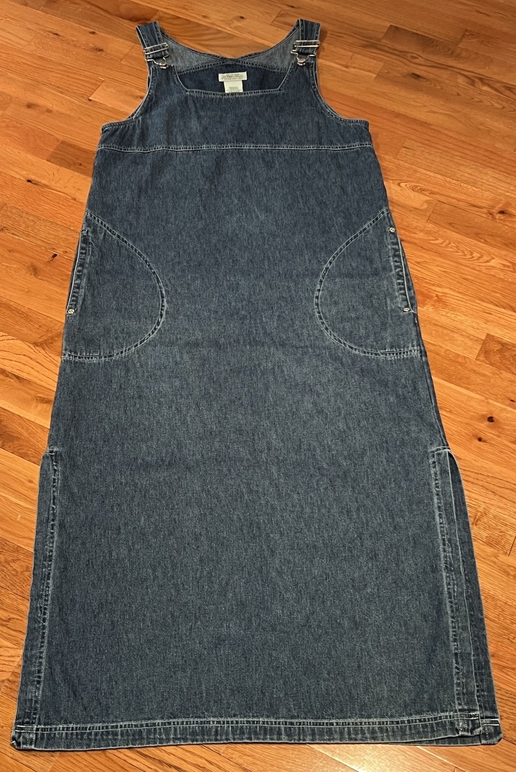 Vintage St John’s Bay Overall Dress Jumper Maxi Pockets Side Slit Denim Blue M