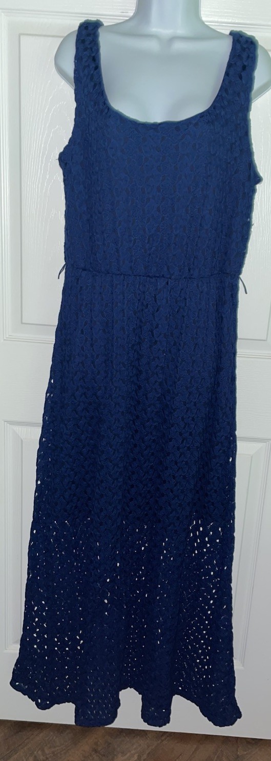 Luxology Sz Large Blue Cotton Blend Crocheted Sleeveless Pullover Dress EUC