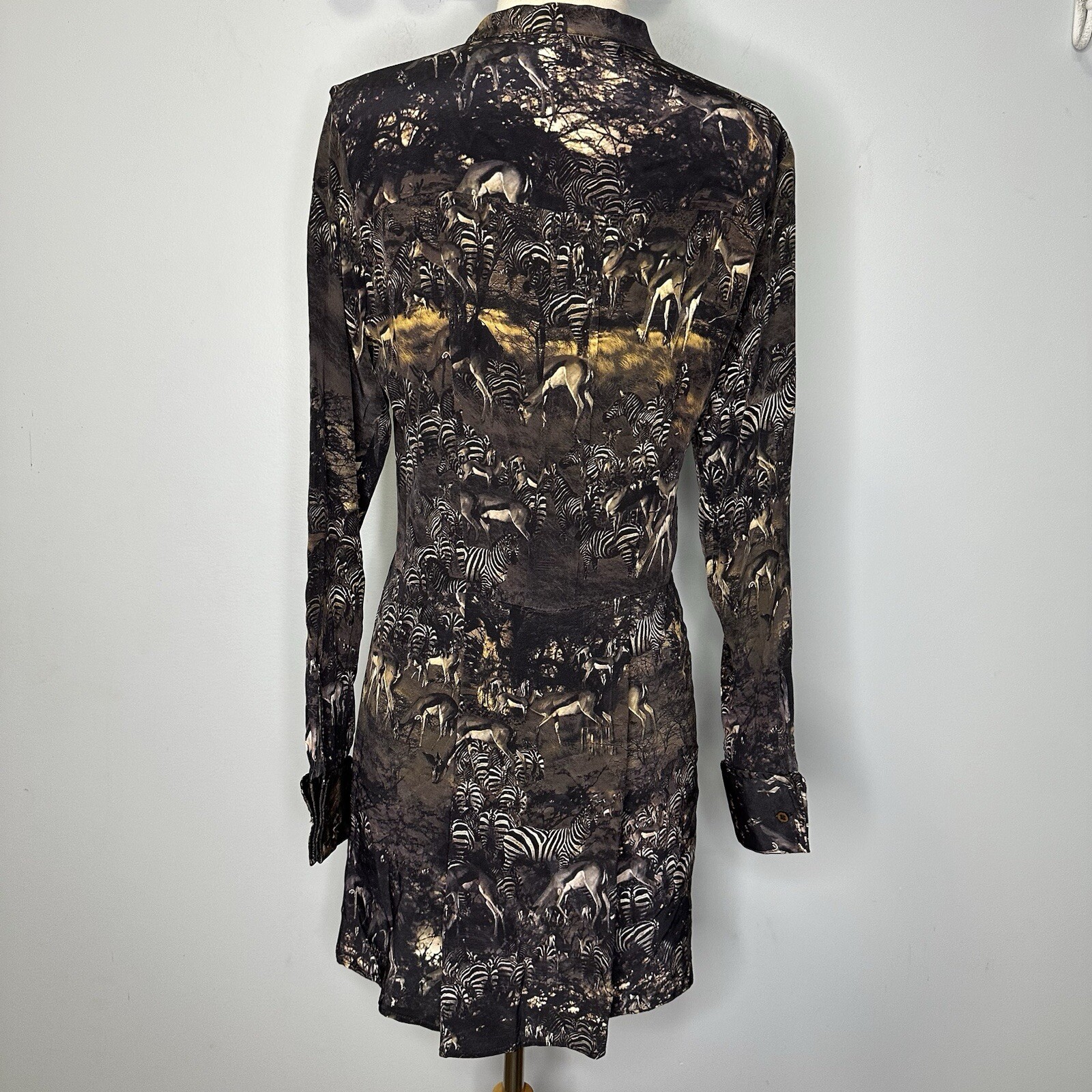 Edun Women’s Long Sleeve Silk Mini Shirt Dress In Jungle Zebra Animal Print M