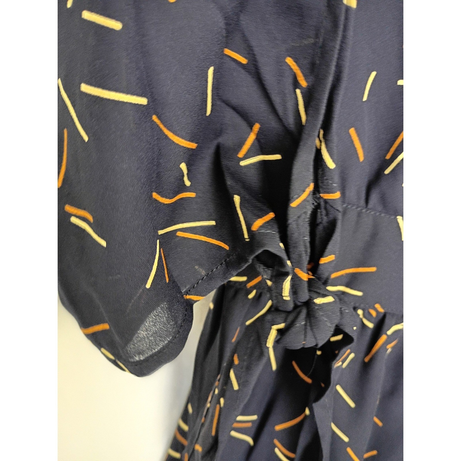 Memuse Whimsical Navy Blue Abstract Print Wrap Mini Dress Short Sleeve S/M NWOT