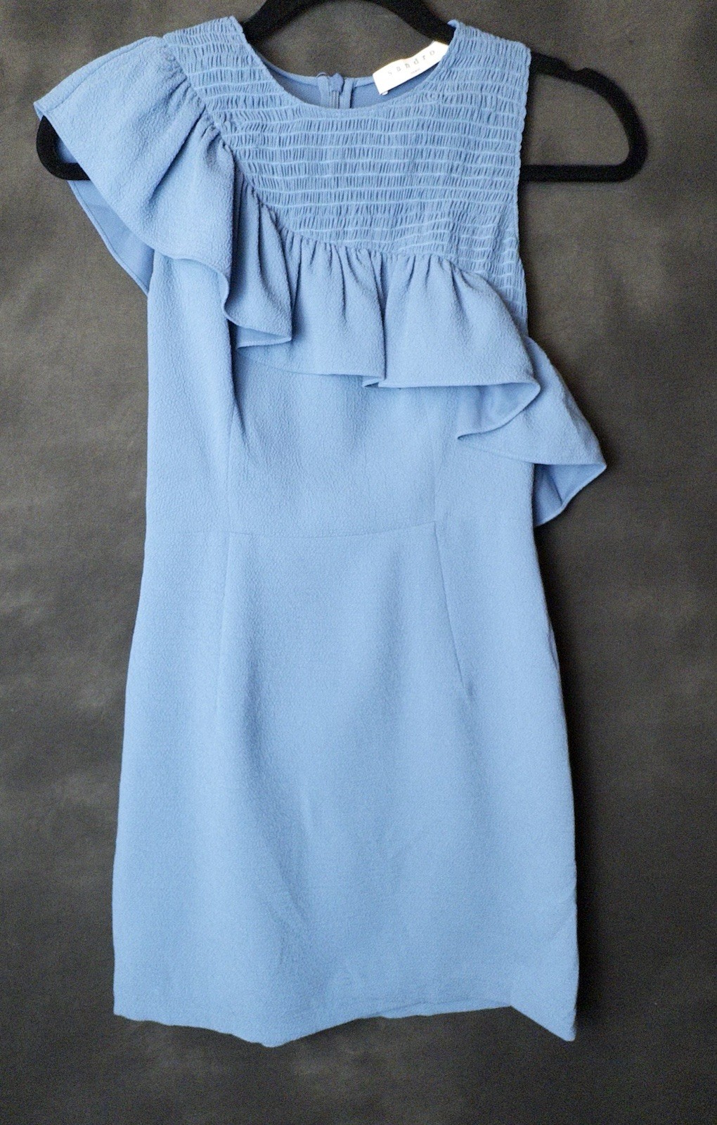 Sandro Paris Bleu Denim Blue Ruffle Mini Dress EU 36 US XS Smocked Bodycon