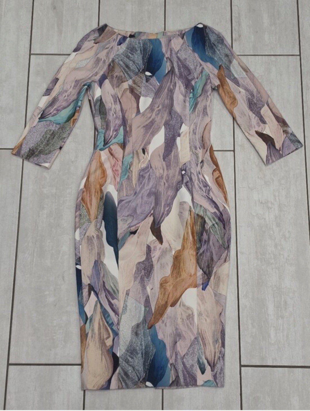 H&M Artistic Brushstroke Watercolor Print Bodycon Pencil Midi Dress w/ Back Slit