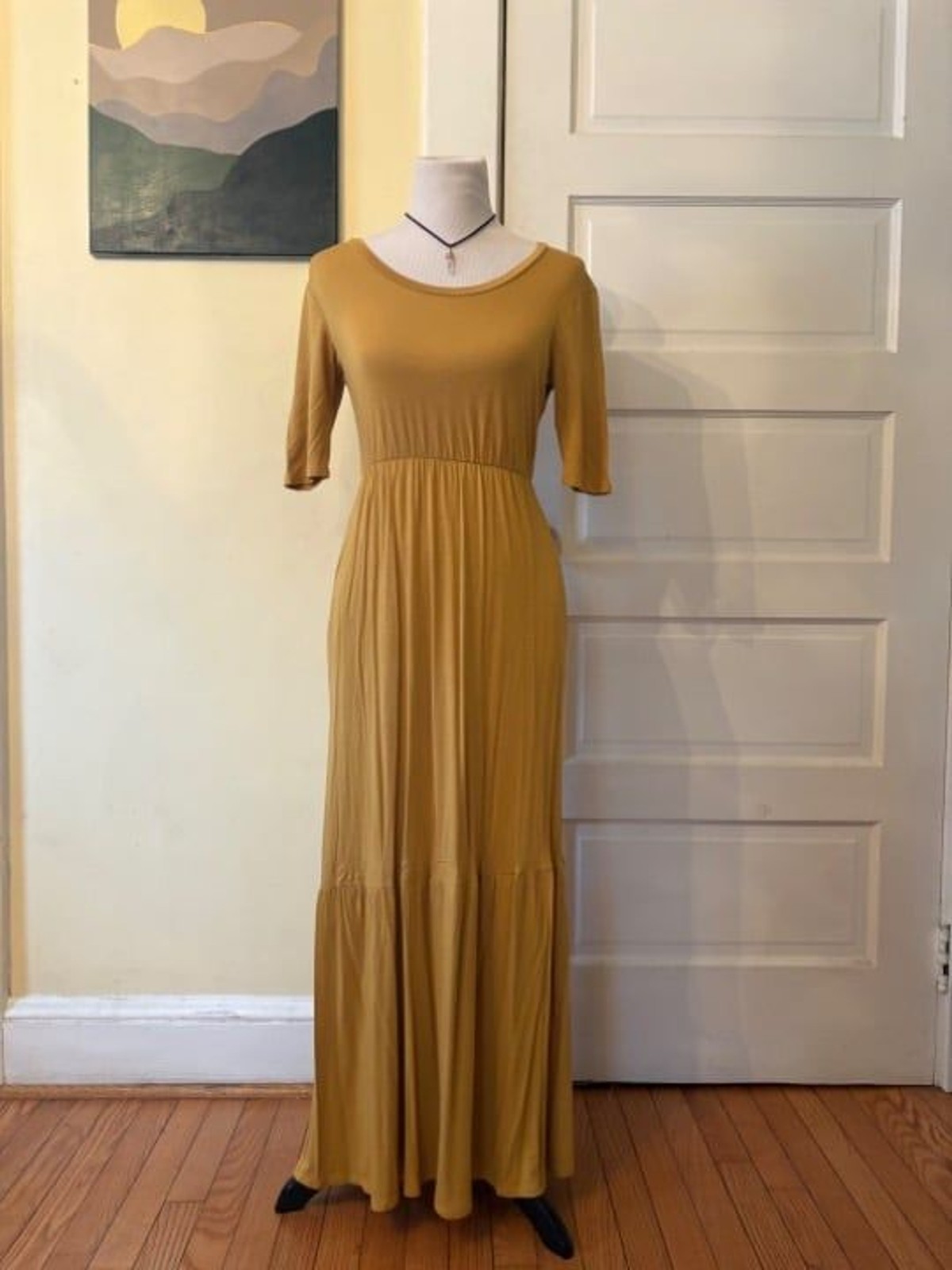 Agnes & Dora Hera maxi dress golden yellow soft stretchy pocket scoop 3/4 sleeve