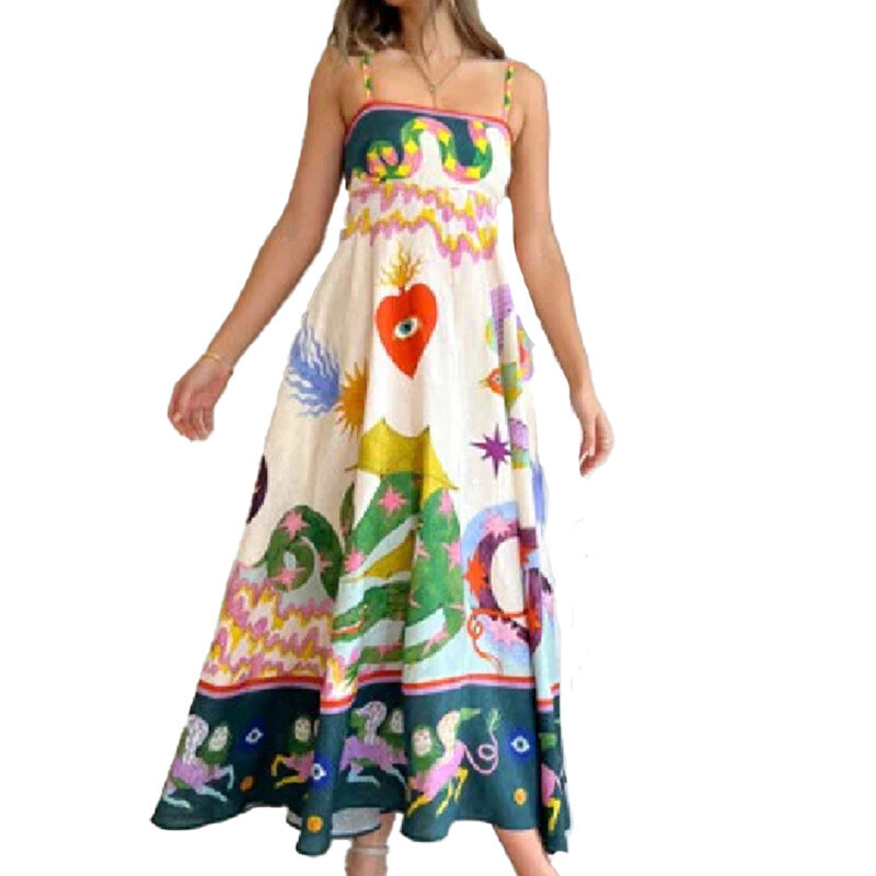 Spring Women’s New Style Elegant High Waist Printed Strap Casual Fashion Dress