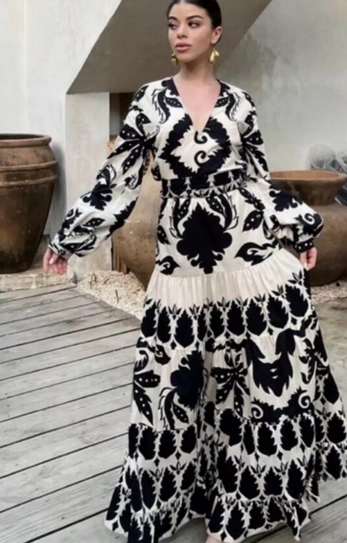 Zara BNWT black cream ecru Floral Poplin Belted Maxi tiered Dress Bloggers L