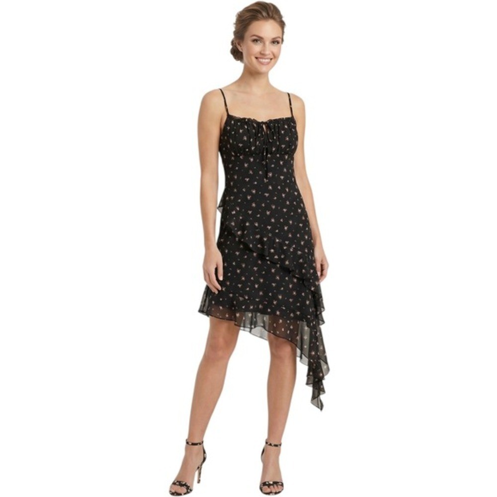 Aeropostale Black Floral Asymmetrical Ruffle Mini Dress Small Tie Front Boho