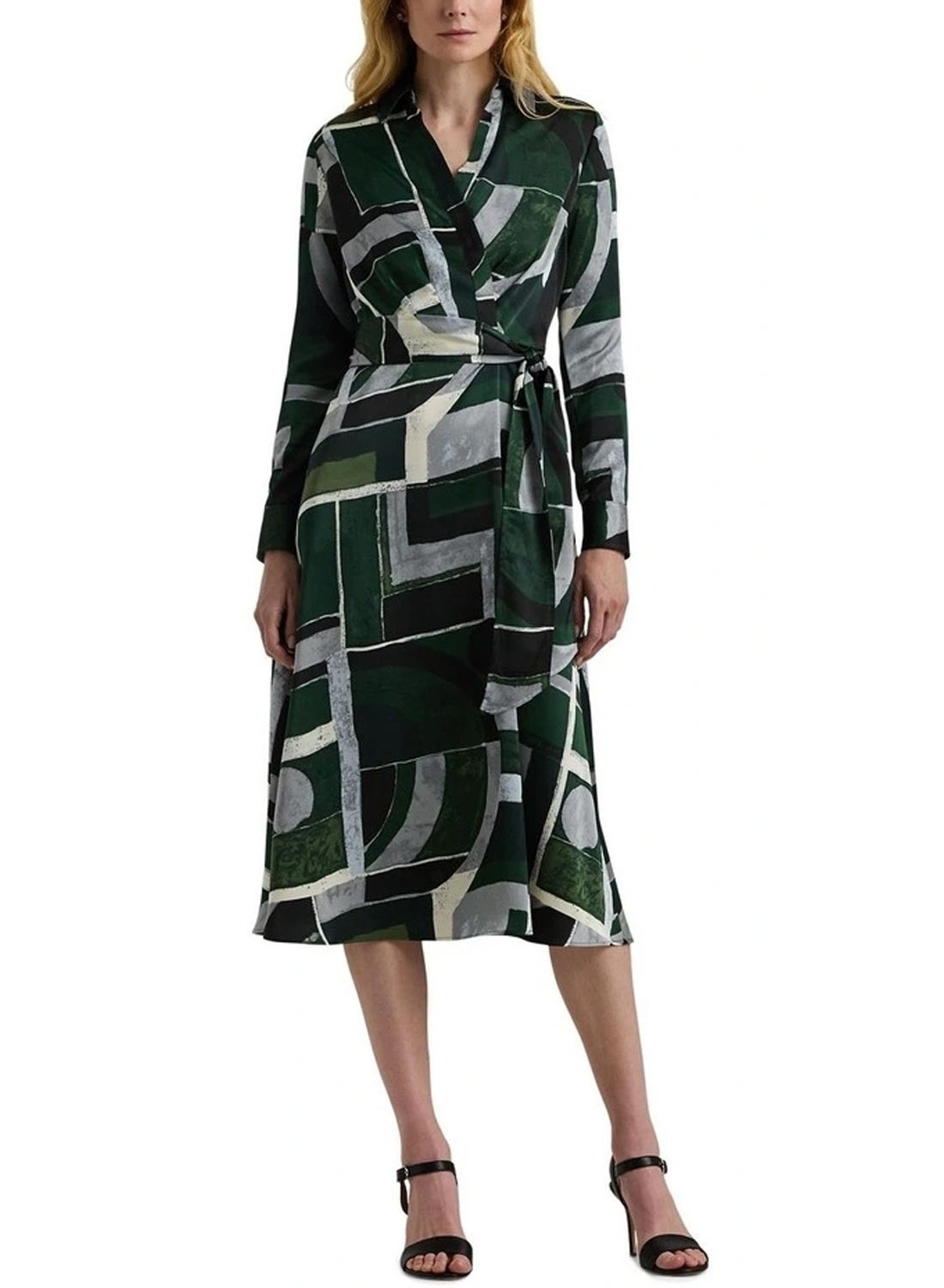 Lauren Ralph Lauren Womens Midi Dress 4 Green Geo Print Satin Charmeuse NWT $195