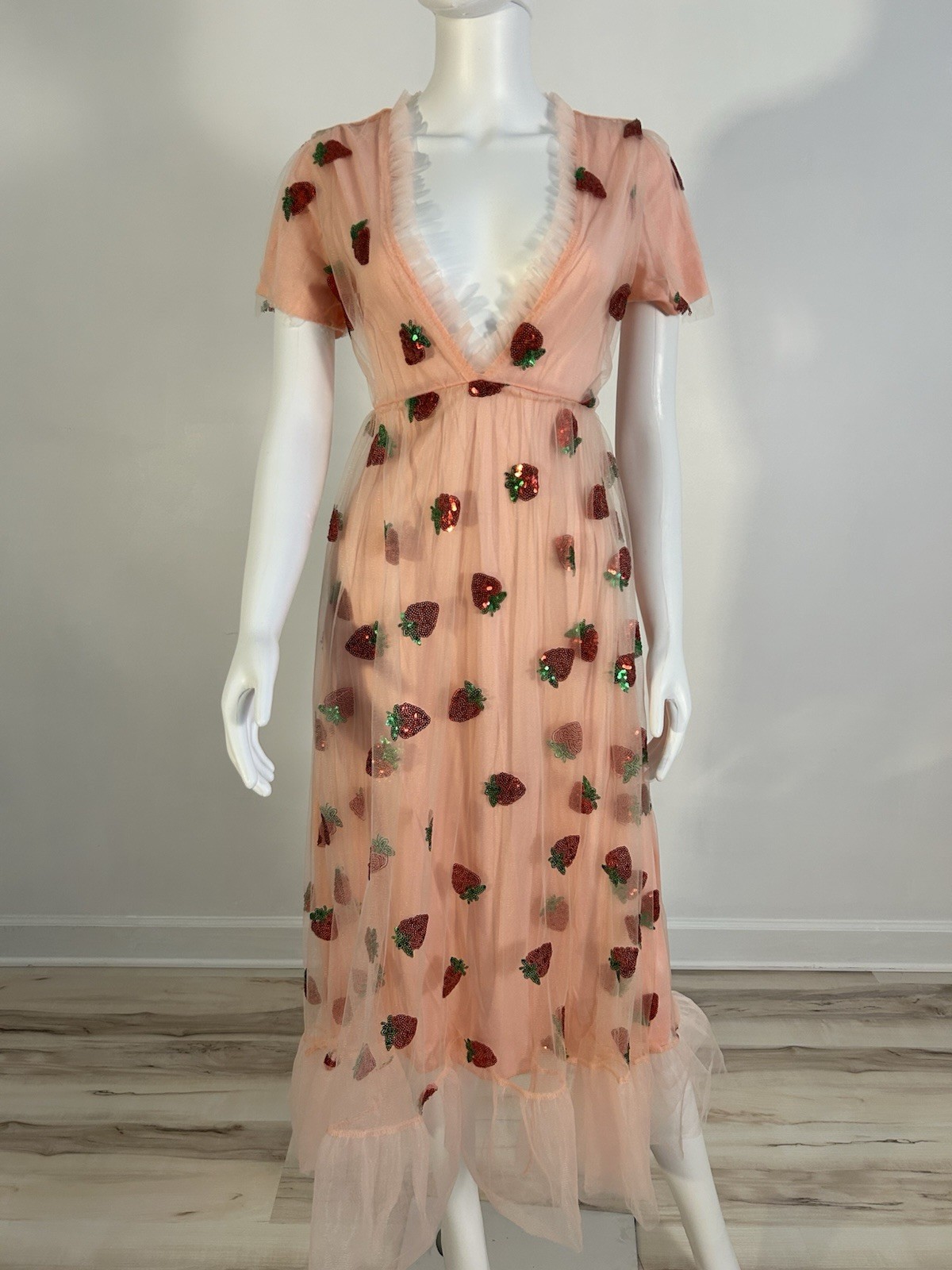 M Strawberry Tulle Dress Womens Pink Sequin Mesh Short Sleeve V Neck Maxi 2026