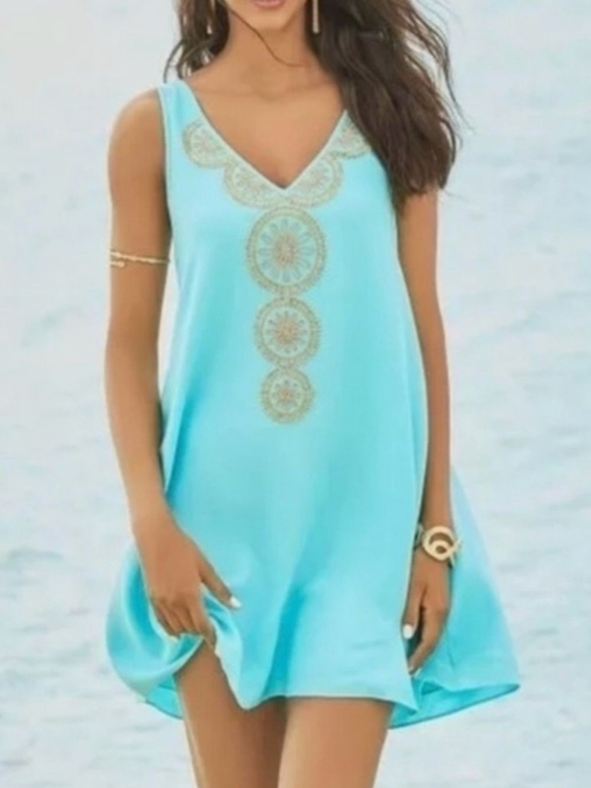 Lilly Pulitzer Mint Green Serene Blue Shift Fia Dress Gold bead embellishment S