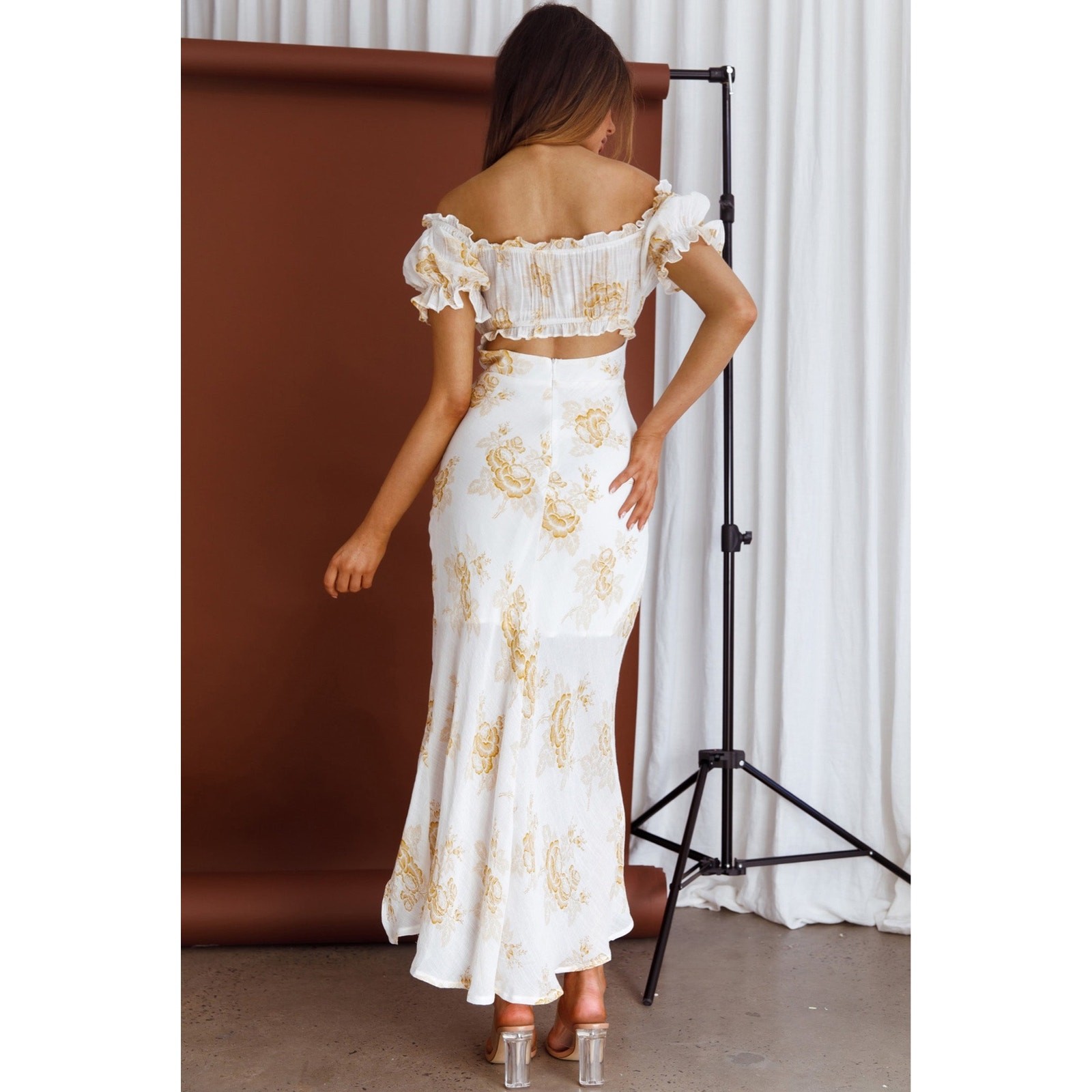 Hello Molly White & Gold Floral Off Shoulder Cutout Midi Dress Size L
