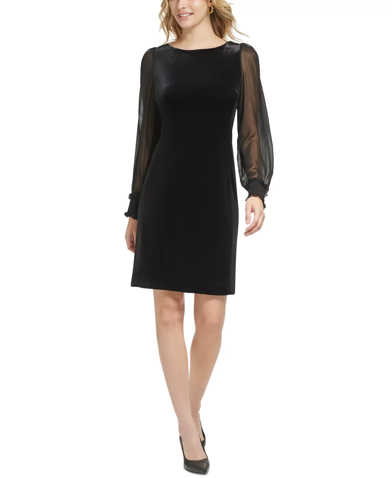 KARL LAGERFELD PARIS Women’s Sheer Sleeve Velvet Sheath Dress Black Size 6