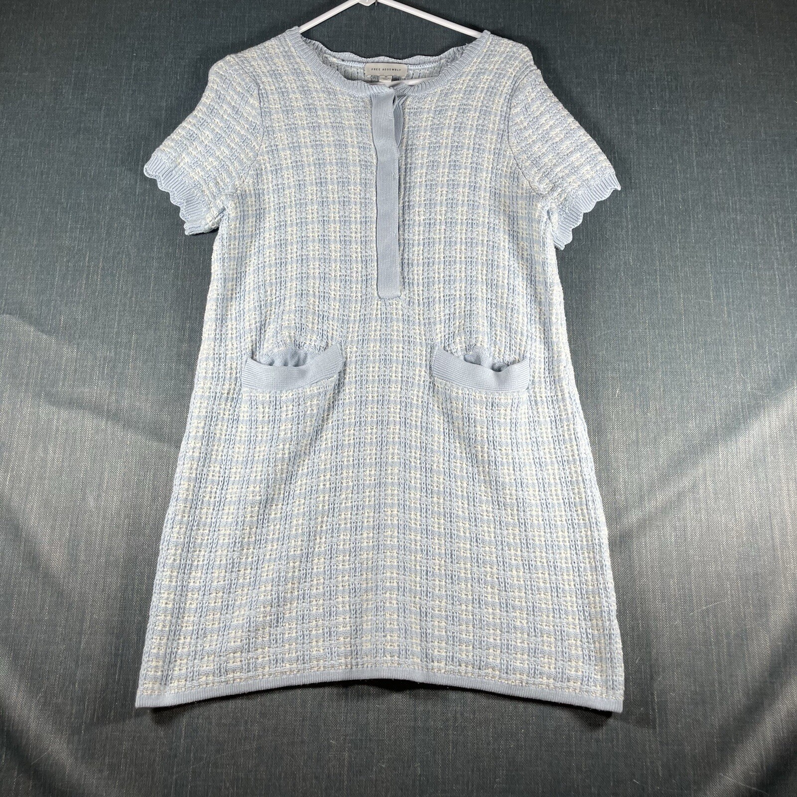 Free Assembly Womens Sweater Dress Blue Plaid Short Sleeve Size M Cotton Blend