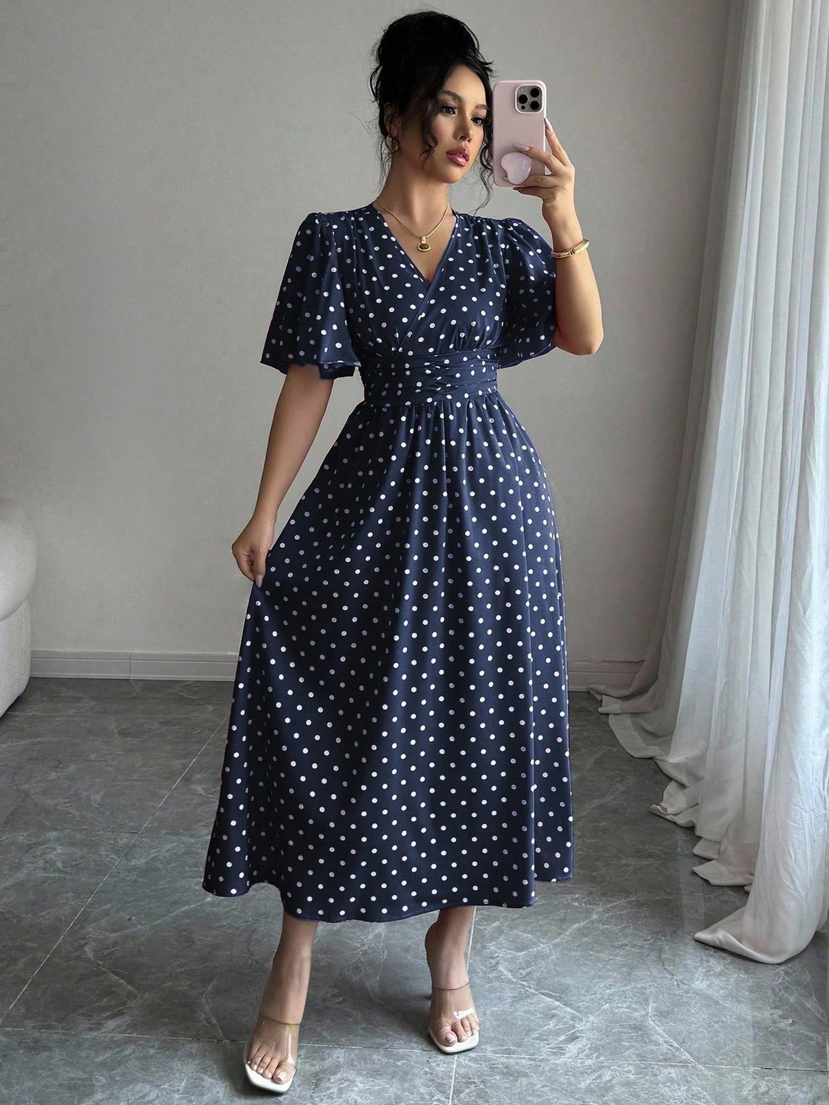 Elegant Polka Dot Pattern V Neck Midi Dress