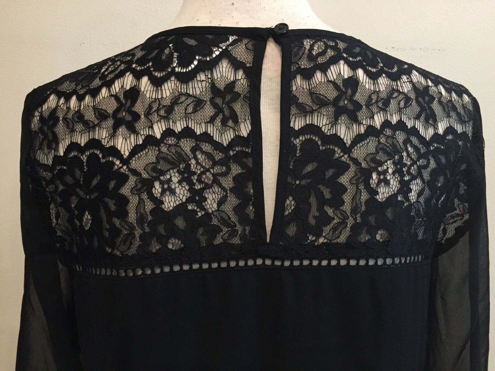 Decree Dress Medium Black lined Black Lace top Sheer sleeves tag $52, NWT