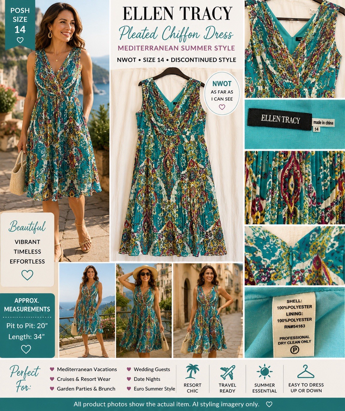 NWOT Ellen Tracy 14 Pleated Teal Paisley Dress Mediterranean Wedding Winery