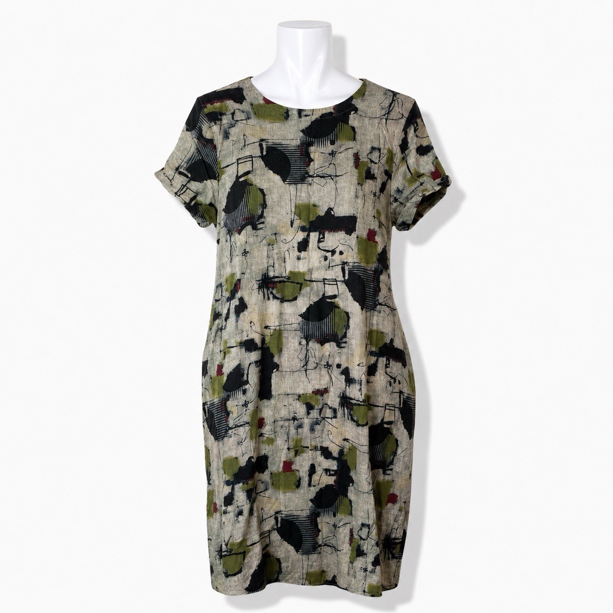 Women’s 100% Linen Abstract Print Midi Dress M Pockets Lagenlook Artsy Boho