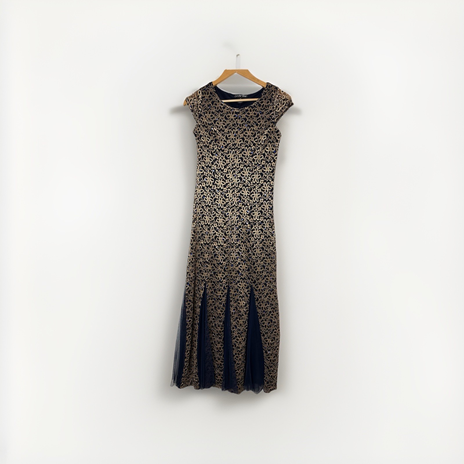 Vtg Y2k 90s Maxi Dress Gold Embroidered Knit Pleated Fairy Grunge Whimsigoth PS
