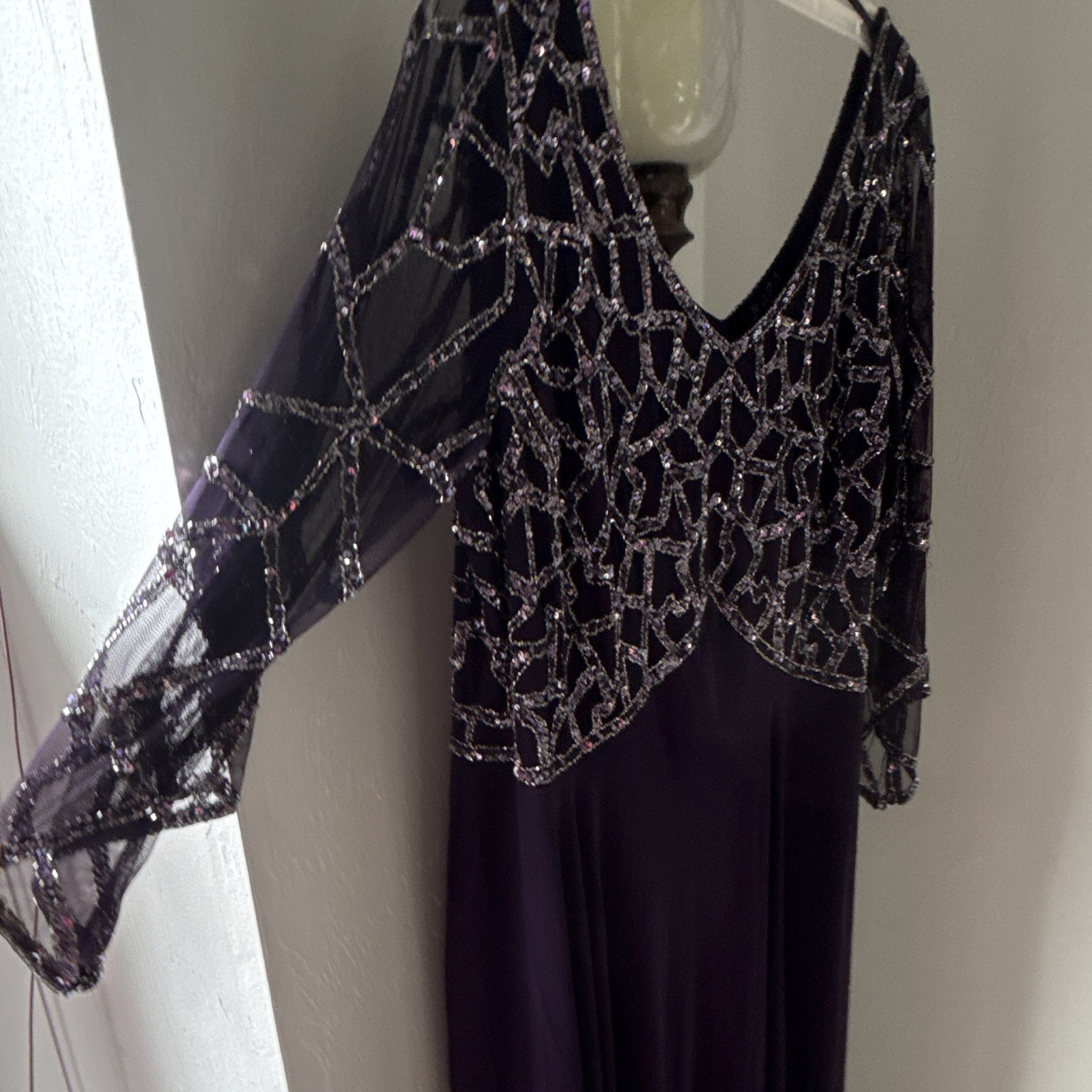 JKara Women’s 22W Purple Beaded Sequin Mesh V-Neck 3/4 Sleeve Long Gown