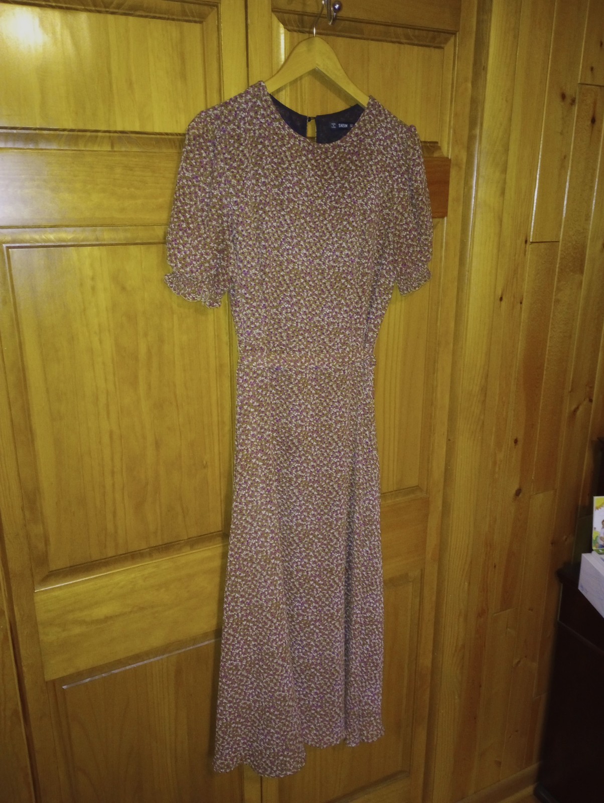 Calico Prairie Dress Brown Sz Large Boho Midi puff sleeve lined belt zip keyhole