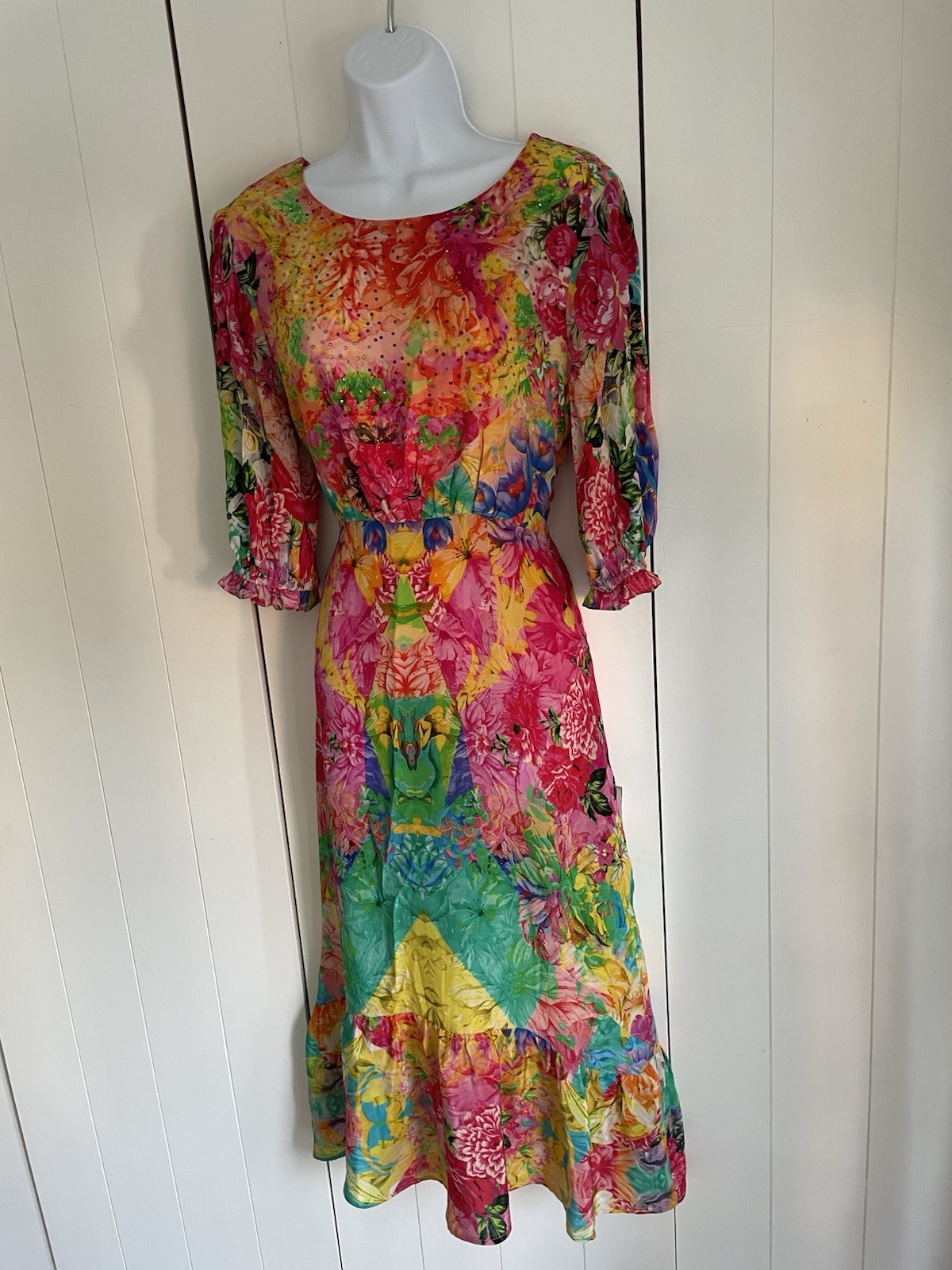 INOA AUSTRALIA 100% Silk $395 Floral Print Embellished Sz 0 UK 8 /10 Maxi Dress