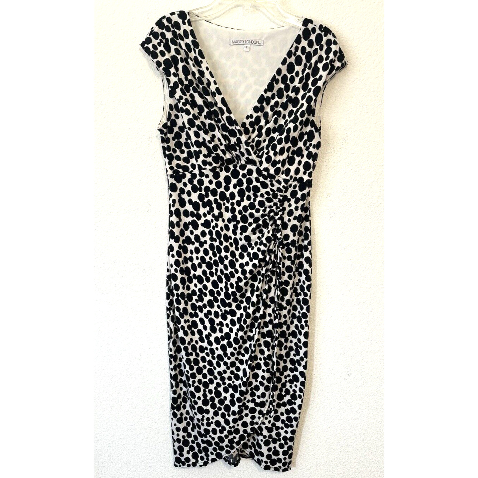 Maggy London Dress Black & White Polka Dot Faux Wrap Sz 2 Career Chic Work Wear