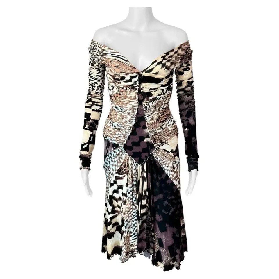 Roberto Cavalli F/W 2003 Runway Unworn Plunging Neckline Ruched Zipper Dress